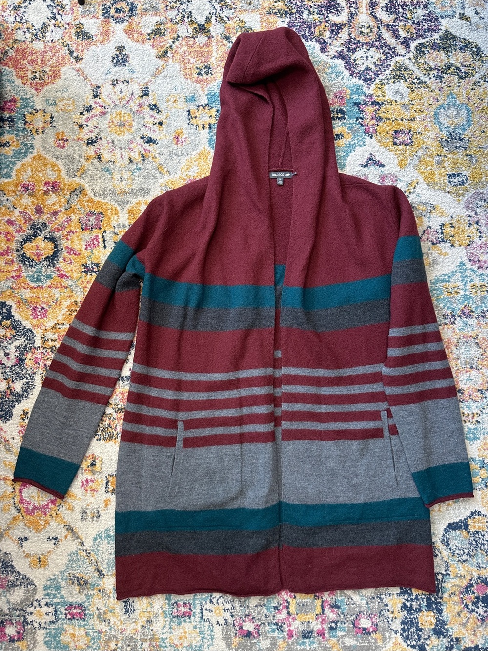 Toad&Co 100% Merino Wool Heartfelt Hoodie Cardigan XL Striped Open Front Sweater